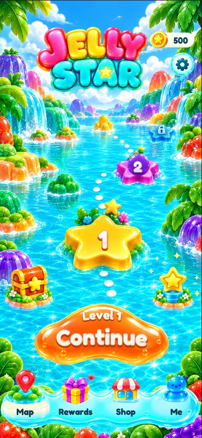 Jelly Star island map with a golden star level and tropical lagoon