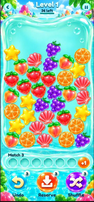Full Jelly Star matching board with fruits, shells, stars and a seven-slot tray